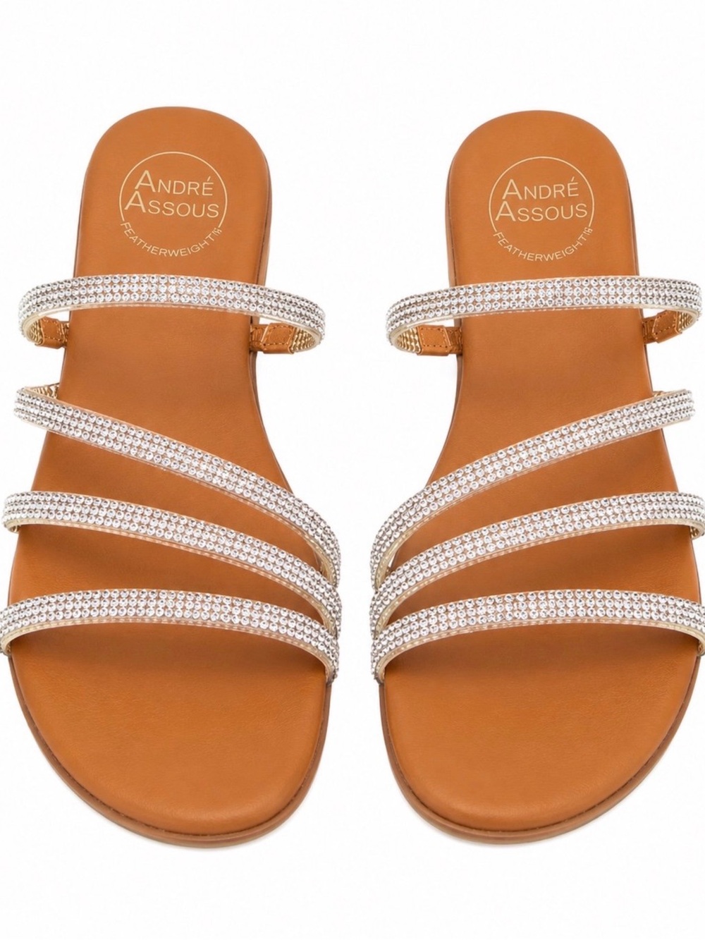 André Assous Featherweights Rhinestone Slide Sandals Tan Women’s Size 6.5